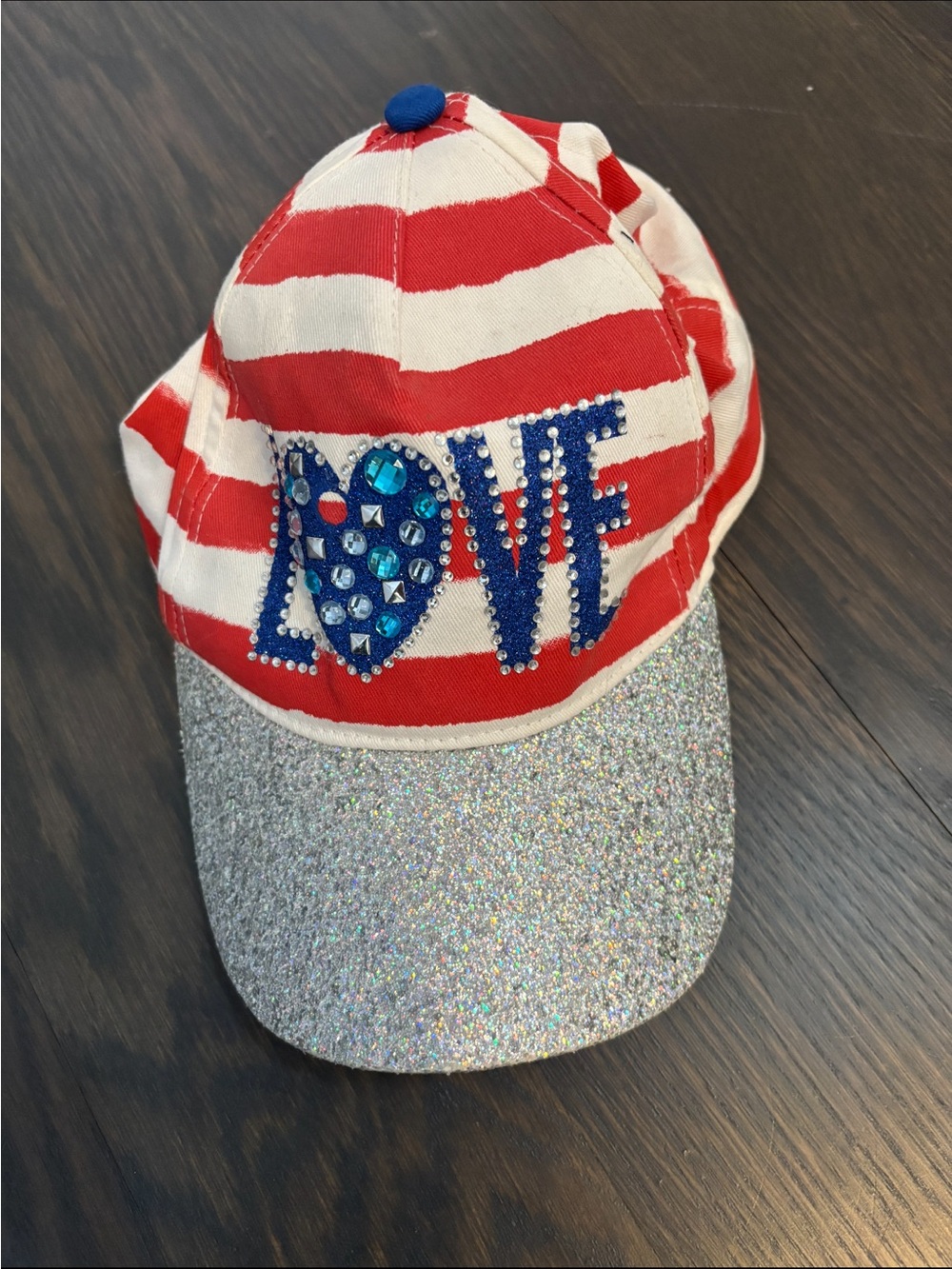 Justice Red & White Striped Baseball Cap with Blue Jeweled LOVE